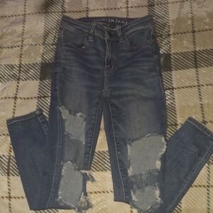 American Eagle Outfitters Women's Dark Blue Ripped Skinny Jeans